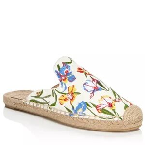 $349 Tory Burch Espadrille Mules Ivory Painted Iris Embroidered Slides Sz 8